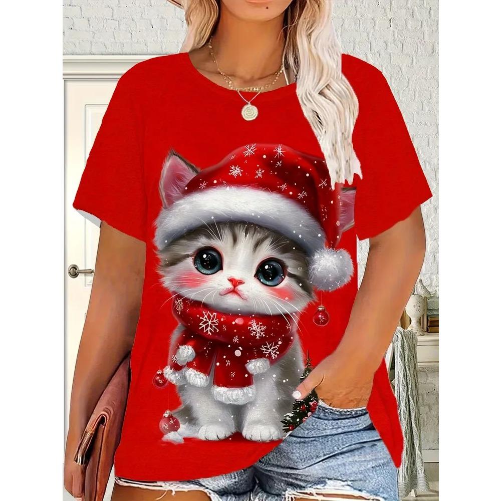 Summer Large Loose Christmas Santa Claus 3D Printed Women's T-shirt Fashionable Casual Comfortable Breathable Short Sleeved Round Neck T-shirt