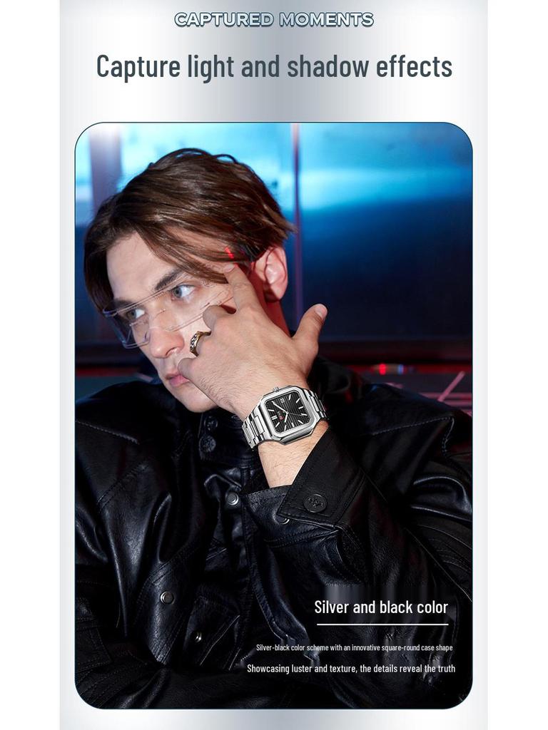 OFNS Luminous Square Steel Band Quartz Watch with Calendar