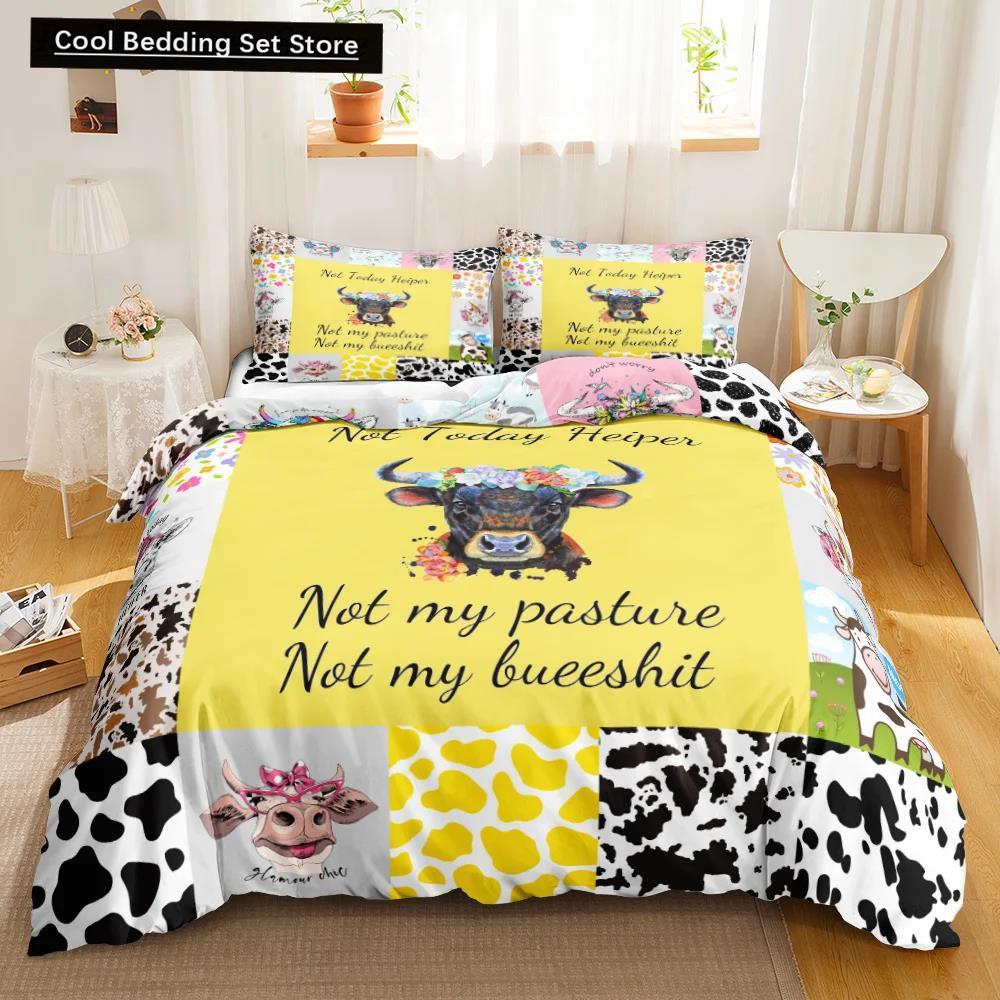 Cow Print Duvet Cover Animal Cow Doodle Cartoon Drawing Farming Husbandry Sunflower Polyester Bedding Set Twin Queen King Size