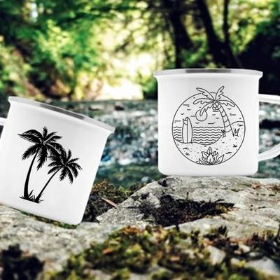 Kokospalmen-Aufdruck Emaille Kreative Kaffee Tee Wasser Milch Tassen Campingbecher Lagerfeuerbecher Trinkgeschirr Urlaub Wanderbecher Geschenke