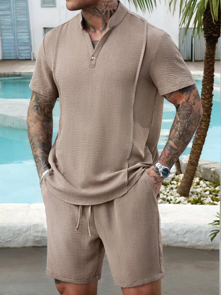 Men's Micro Wrinkle Style Henley Stand Collar Open Sleeve Sports Breathable Casual Men's Short Sleeve Shorts Set