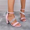 New Fashion High Heel Sandals Women's Rhinestone Velvet Noodle Wide Strip Sandals Rear Zipper Large Size Shoes 35-42