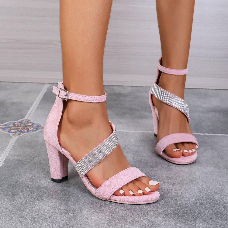 New Fashion High Heel Sandals Women's Rhinestone Velvet Noodle Wide Strip Sandals Rear Zipper Large Size Shoes 35-42