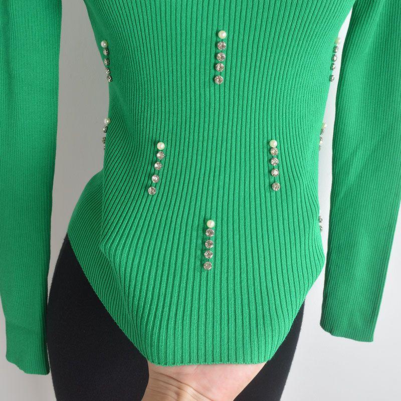 Stylish Heavy Industry Beads Diamond Round Neck Knitwear Women's Spring and Autumn Outer Wear Sexy Silm Slim Looking Bottoming Shirt Tops