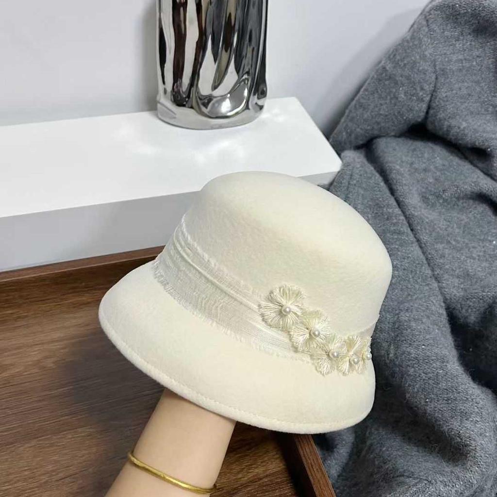 French Romantic Floral Wool Fedora: Women's Autumn/Winter Elegant Small Face Lampshade Socialite Bucket Hat.
