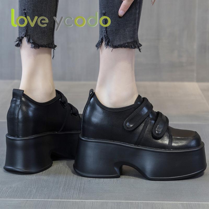 love ycodo Skórzane damskie buty na co dzień Bardzo grube 8 cm Proste wygodne wiosenne i jesienne buty studenckie
