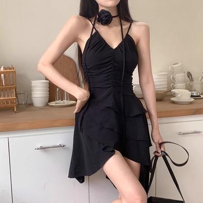 Dámské šaty Y2k s výstřihem do V, jednobarevné černé s květinami, vintage, jarní, letní, Vestidos Mujer, módní, s vysokým pasem, sexy mini šaty