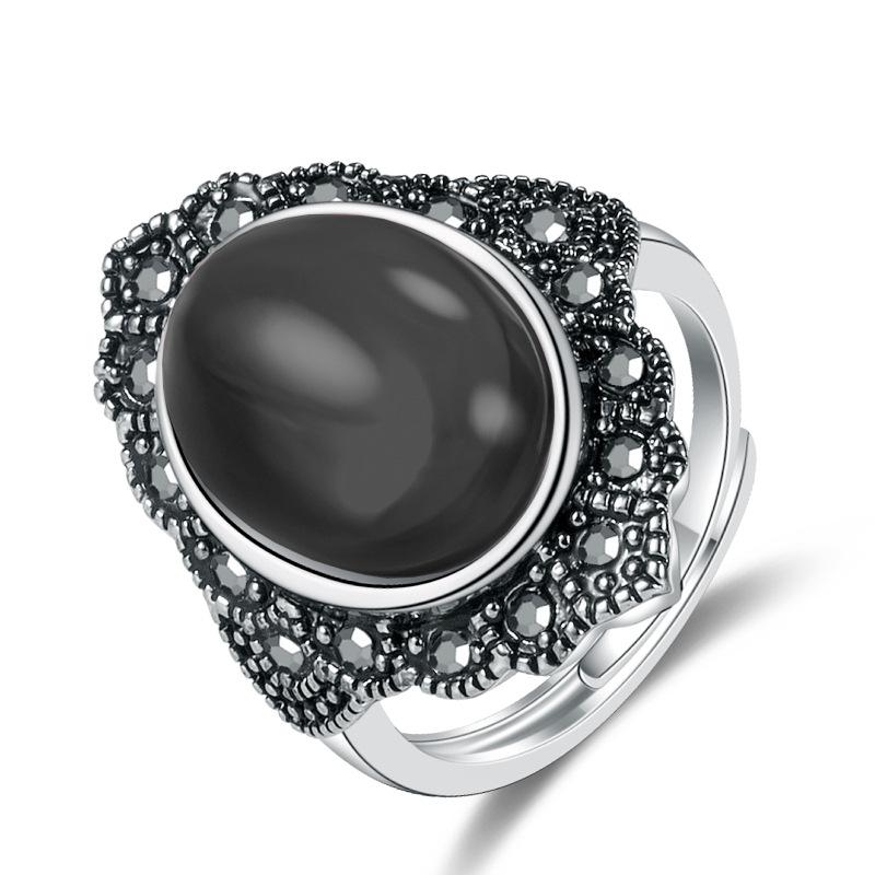 Thai Silver Black Gemstone Ring, Silver Domineering Ring, Green Rose Red, Blue Yellow Chalcedony Open Black Agate Ring, 2026