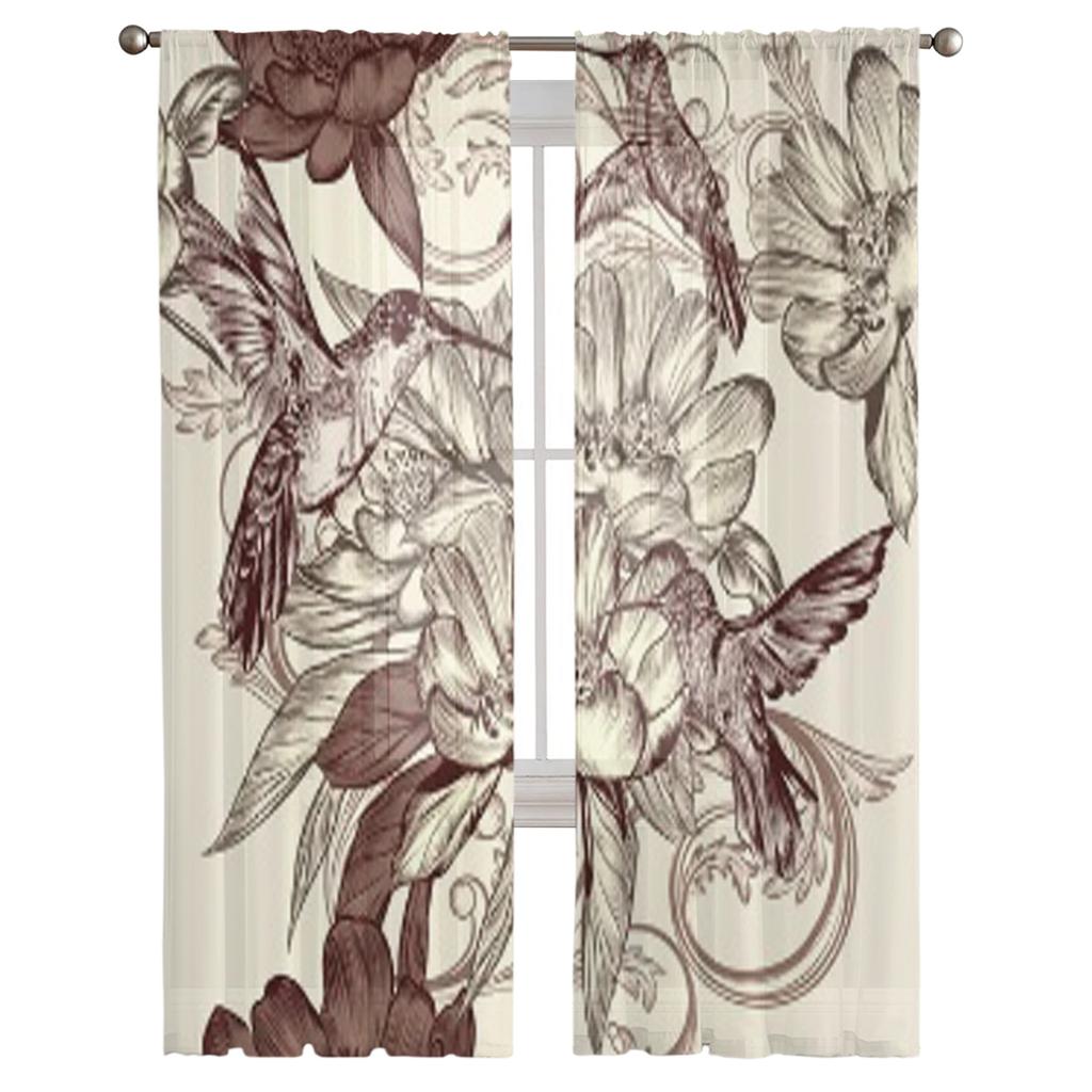 Birds Flowers Sheer Curtains for Living Room Transparent Tulle Window Treatments Bedroom Kitchen Home Decor Veil Drapes
