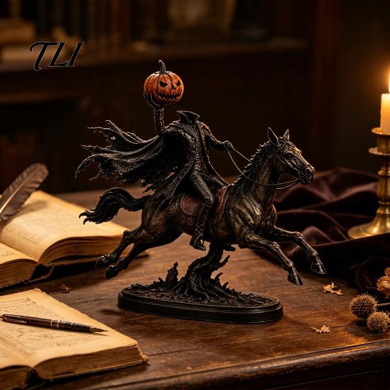 Halloween Atmosphere Prop Knight on Horseback with Luminous Pumpkin Head Resin Figurine, Decorative Gaming Room Shelf Accessory Lighted Horse