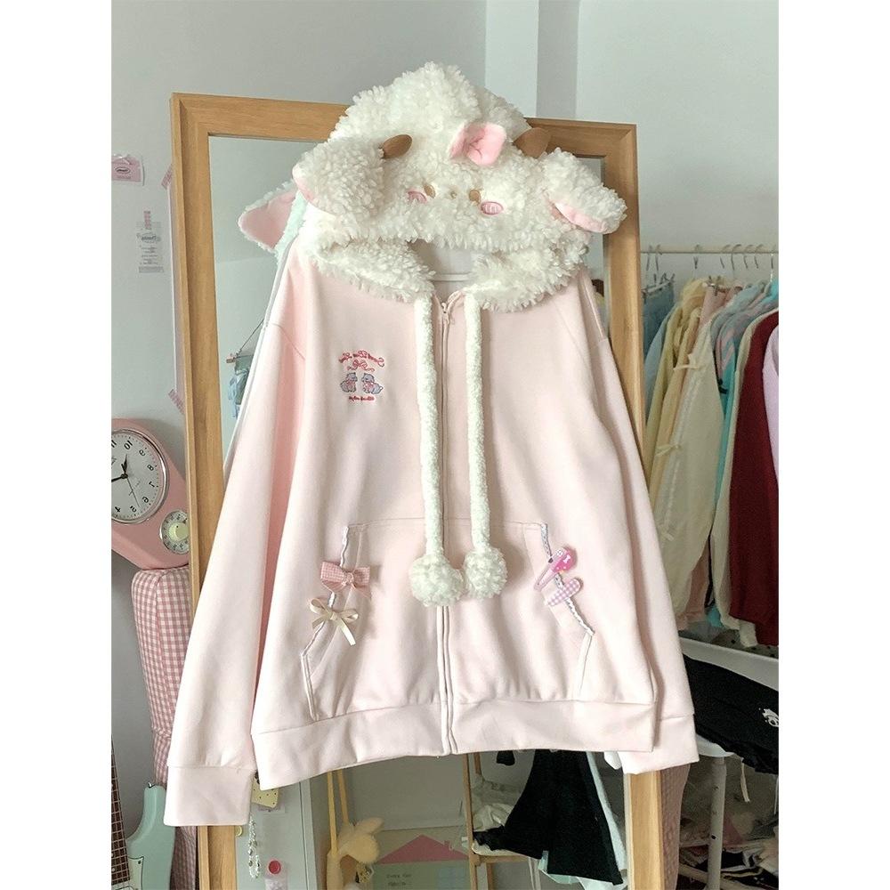 

Японський Милий Кардиган Толстовка з Капюшоном Вишивка Жіноча Мила Куртка Весняно-Осіння Пальто з Капюшоном Y2k Kawaii Верхній Одяг S