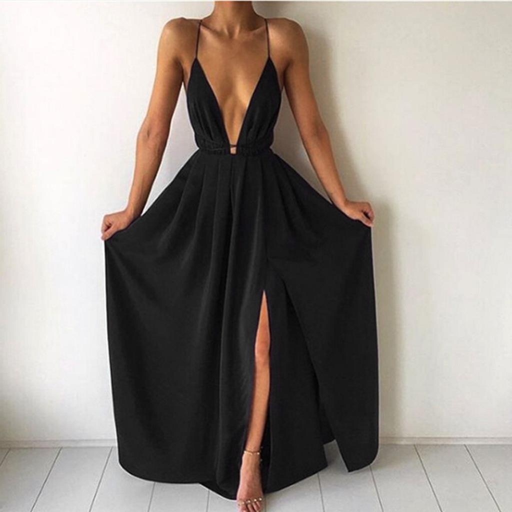 Women's European And American Fashion Sexy Solid Color Deep V Bandage Strapless Back Waist Split Bohemian Chiffon Sleeveless Dress
