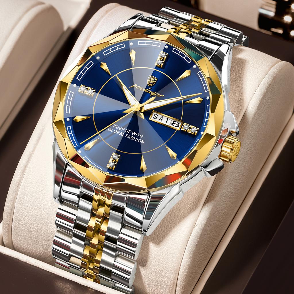 POEDAGAR Top Fashion Man Clock Business Waterproof Luminous Date Week Wristwatch Quartz Stainless Steel Casual Watches