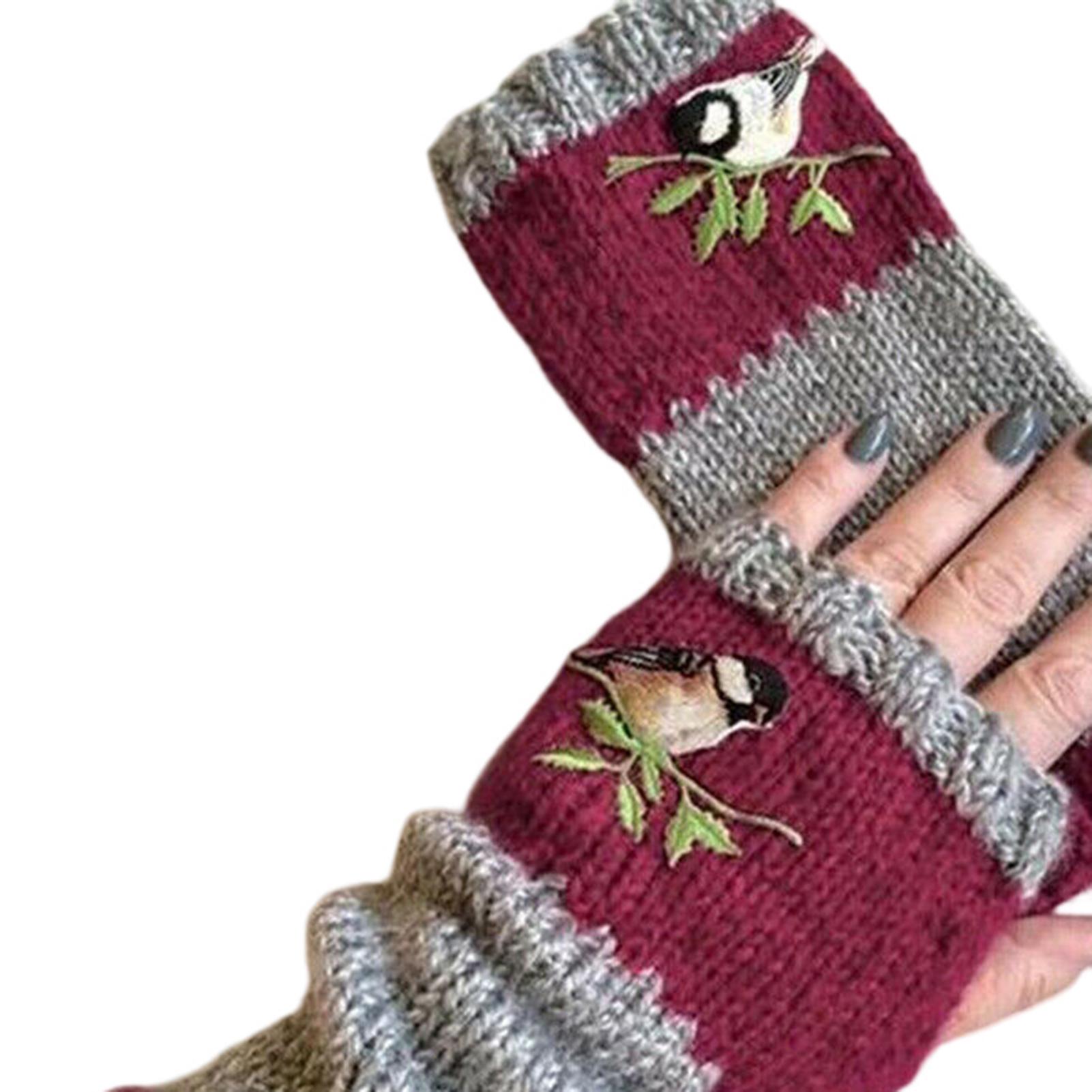 

Fingerless Leaves Birds Knitted Gloves Cold Weather Thermal Fleece Lined Tendonitis Lining Cold Weather Gifts вина червоного кольору