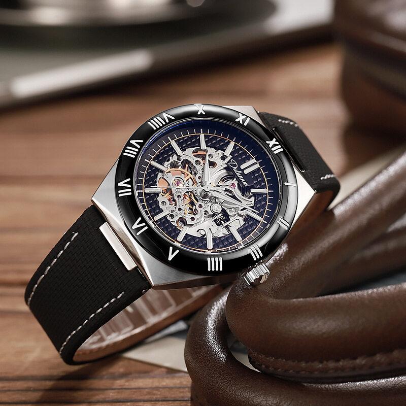 Dulunwe Skeleton Mechanical Watches Blue Roman Dial Watch for Men Automatic Watches Luxury Sports Waterproof Clock