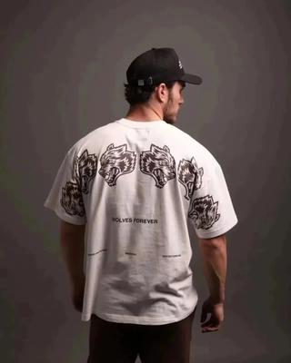 Unisex Wolf Graphic Printed Oversized T-Shirt Cotton Fitness Short Sleeve Tee
