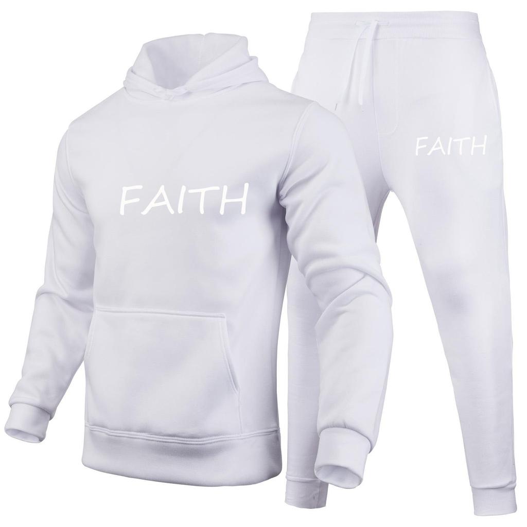FAITH Letters Printed Suits Autumn Winter Tracksuit Men Solid Hooded 2 Piece Sets Mens Outfits Suit Men Fleece Sport Hoodie Sweatpants Two Piece Sets