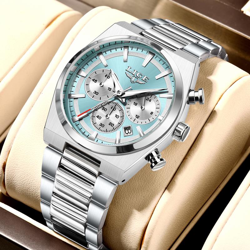 LIGE Mens Watches Fashion Business Quartz Wristwatches Waterproof Stainless Steel Chronograph Luminous Auto Date Watch for Man
