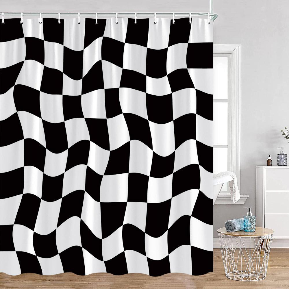 Colorful Checkerboard Shower Curtain Black White Blocks Distorted Chess Board Bathroom Curtain Modern Abstract Bath Decorations