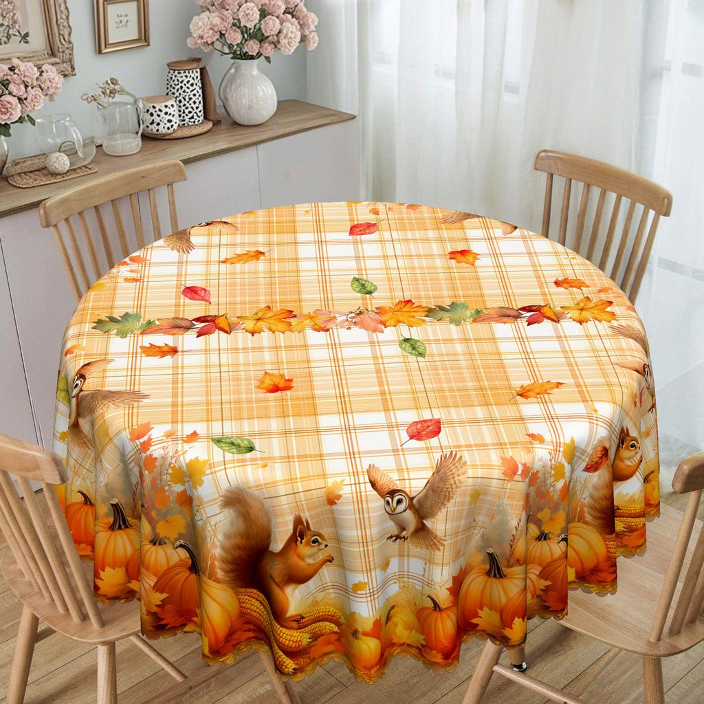 Pastoraler Herbst-Tischdecke, Kürbis, Eichhörnchen, Herbstlaub-Elemente Erhellen Die Esstisch-Atmosphäre Polyester Rechteckige Tischdecke