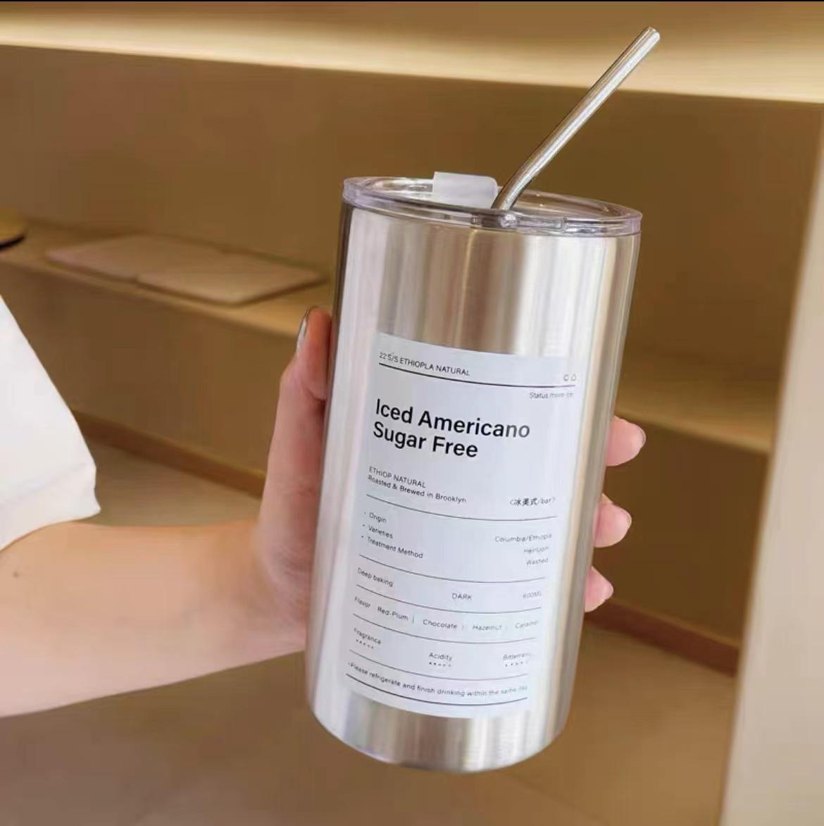 

Stainless Steel Iced Americano Cup, Stainless Steel Vacuum Double-layer Cup with Straw, Latte Cross-border Insulated Cup 600ML