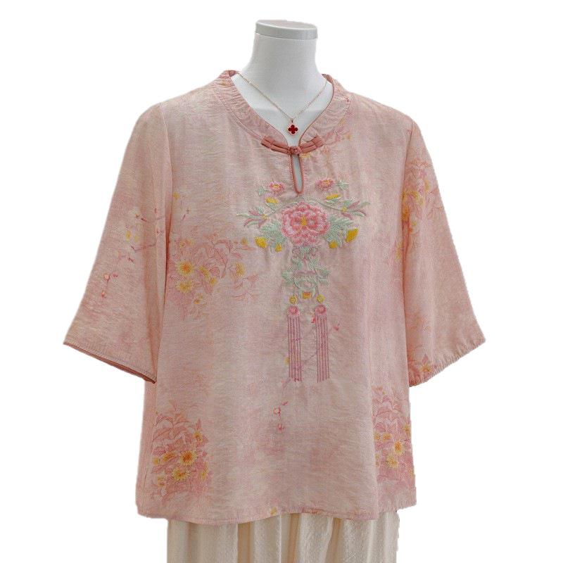 Elegant Summer 2026 Embroidered Cotton Linen Top - Short Sleeve, Breathable, Retro Wear for Mom On Mother's Day