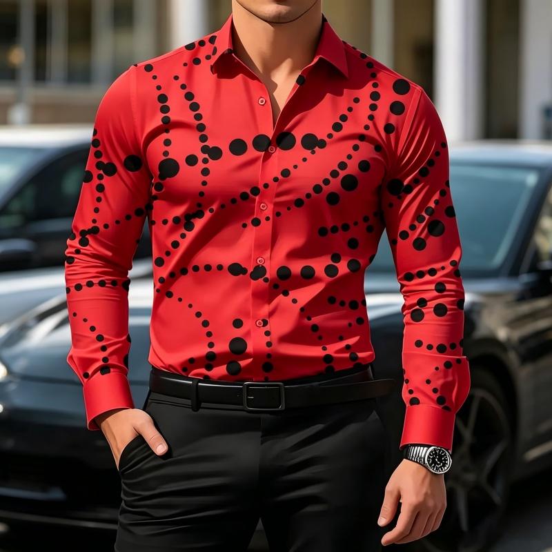 Men's Geometric Polka Dot Print Long Sleeve Shirt Slim Fit Casual Tops