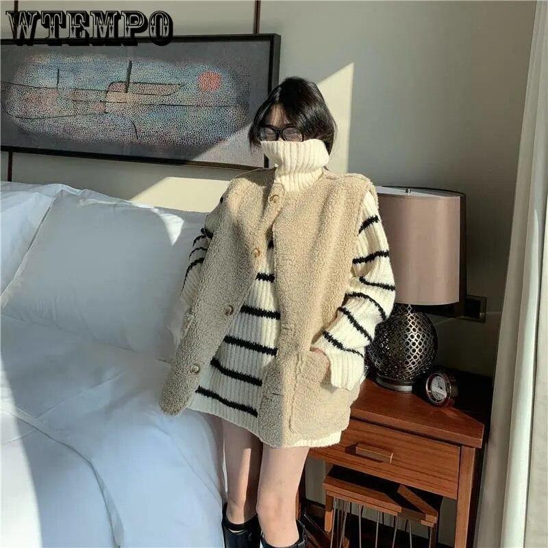 Dámský dlouhý svetr s rolákem Černobílý pruh Volný pletený pulovr Střední délka Teplý Streetwear styl Svetr Podzim a Zima