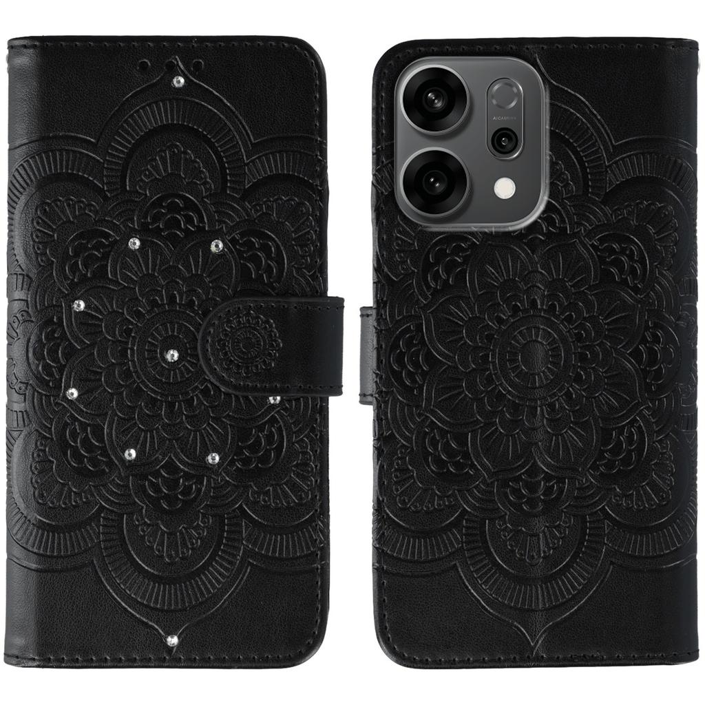 For Oppo Reno14 5G (Global) Case Rhinestone Decor PU Leather Mandala Imprinted Design Phone Cover with Wrist Strap