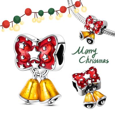 Copper Cute Red Bow Bell Beads Fit Original Charm Bracelet Pendant Women Diy Fine Jewelry Christmas Gift