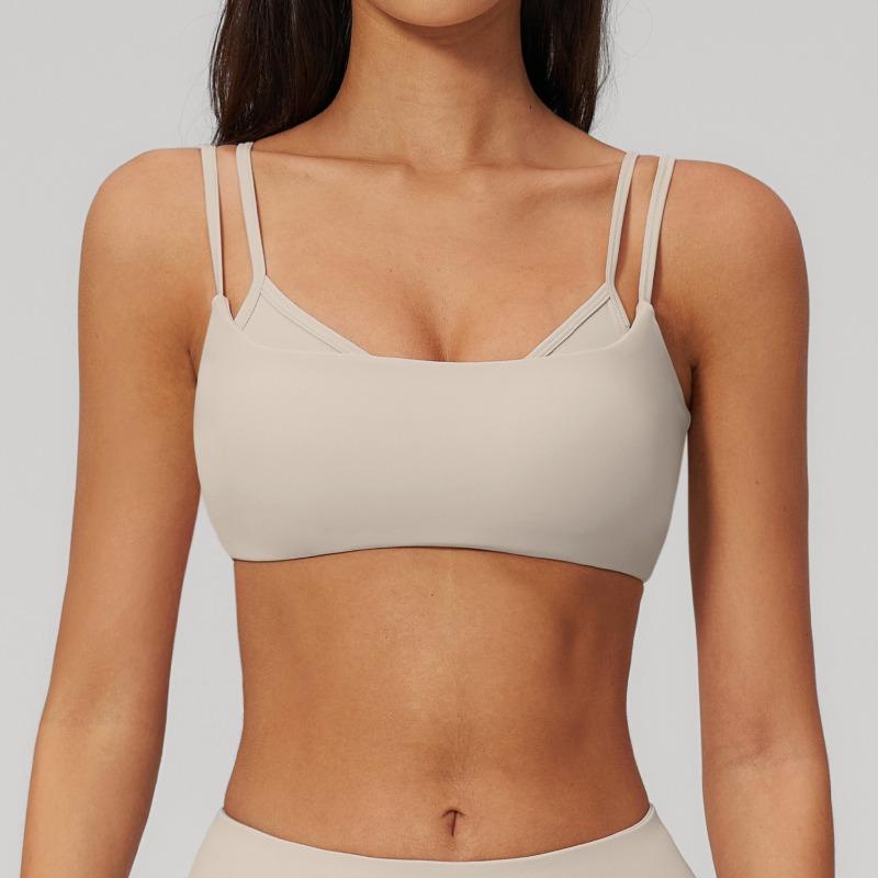 Bare-feel double camisole yoga tank top with chest pads, thin shoulder straps, sports bra, fitness bra, beautiful back style