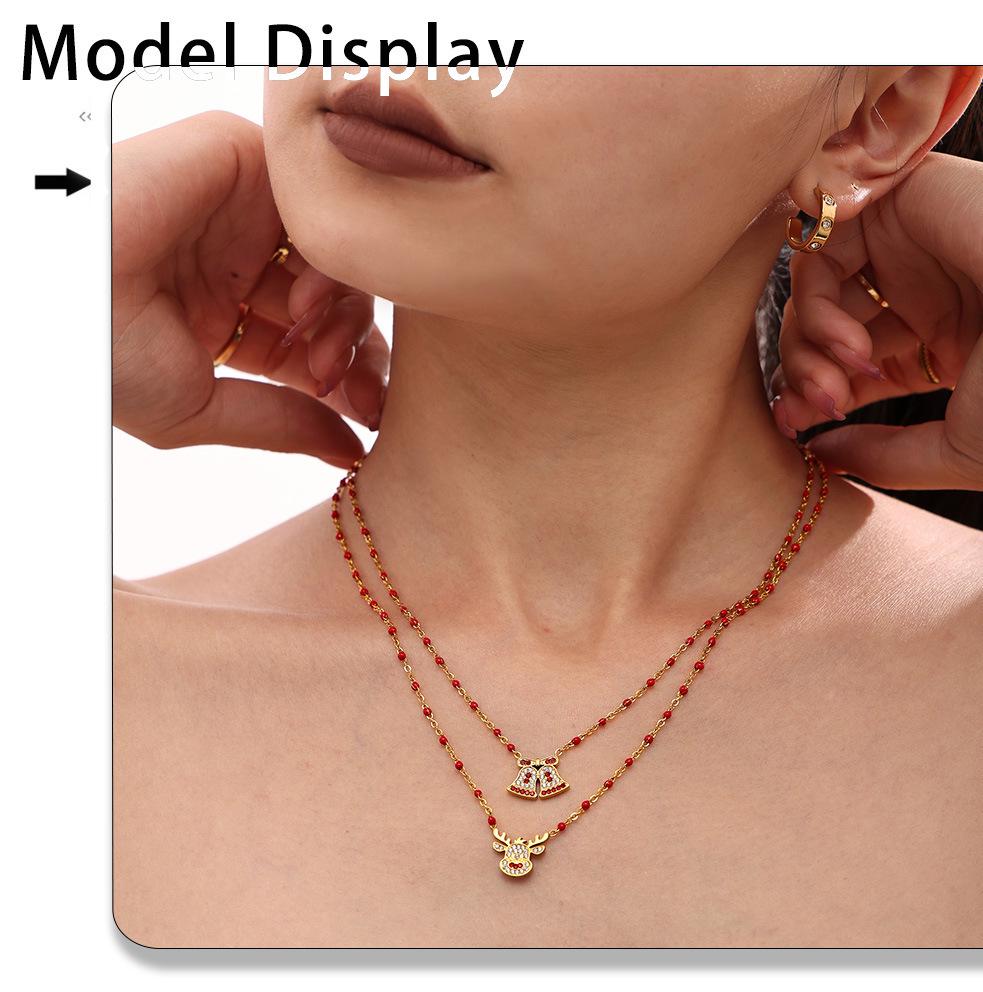 Mi Duo Duo Christmas Bell Reindeer Zircon Necklace - Stainless Steel Romantic Gift