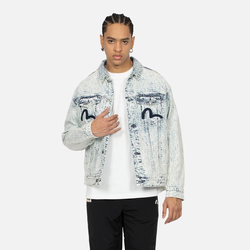 Evisu Giacca in Denim Lavato Ricamata con Gabbiano SS24 Giacca Uomo Blu Denim 2ESHTM4DJ8004LFDN