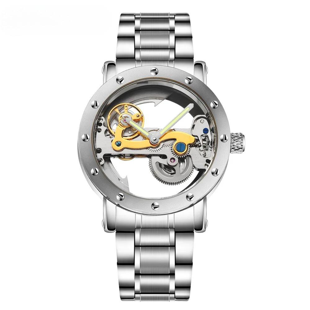 New Man Watch Luxury Mechanical Watch Men Stainless Steel Automatic Self Wind Watch Skeleton Transparent Hollow Watch