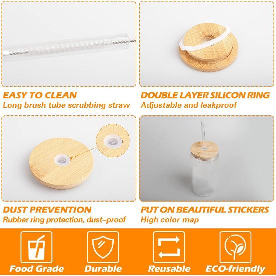 Drinking Glasses with Bamboo Lids and Glass Straw 2PCS Set, 16oz Glass Cups with Lids and Straws, Beer, Iced Coffee Glasses, Soda, Gift 1 Cleaning