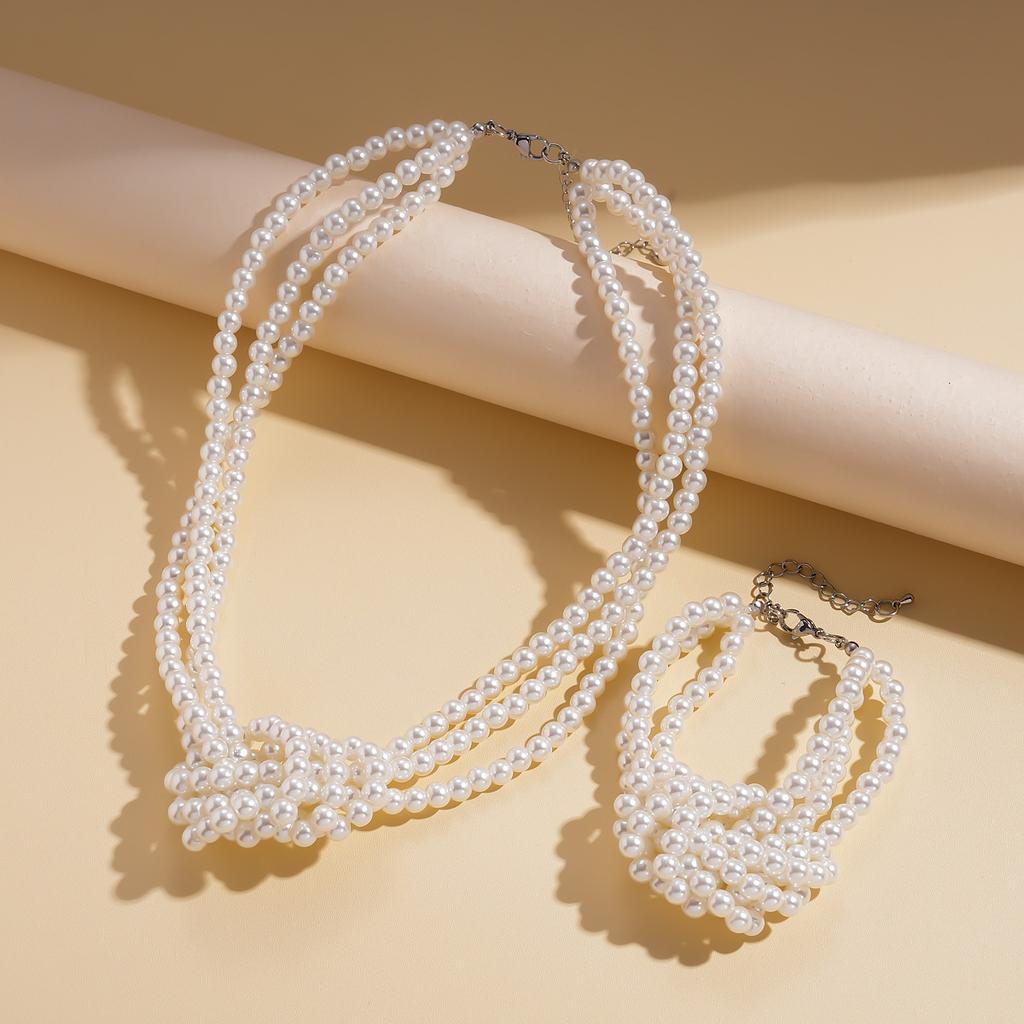 Imitation pearl beaded three-layer knotted sweater chain elegant temperament niche fashion necklace