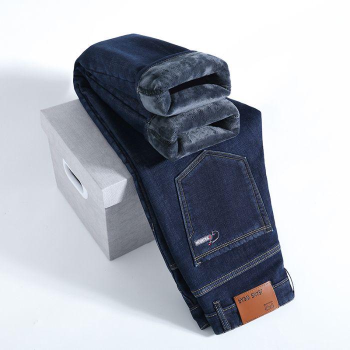 Autumn and Winter Velvet Jeans Men's Loose Straight Trousers High Waist Casual Elastic Men's Pants Warm Thickened Warm