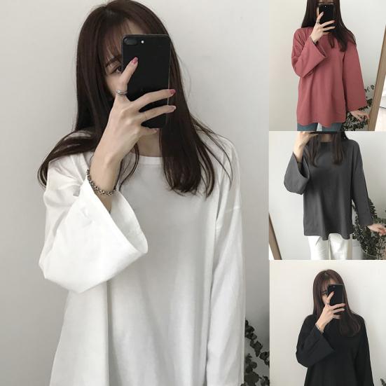 Women Autumn Long Sleeve Loose Fit Solid Color Casual O Neck Top T-Shirt Blouse