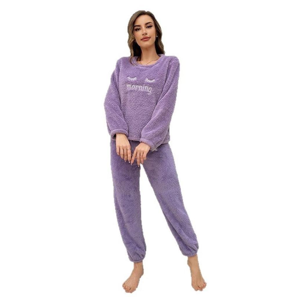 Damen Flauschiger Pyjama Set - Lässiger Rundhalsausschnitt Langarm Besticktes Buchstabenmuster - Teddy Flauschiger Lässiger Pyjama für Winterwärme, Oberteil und Hose