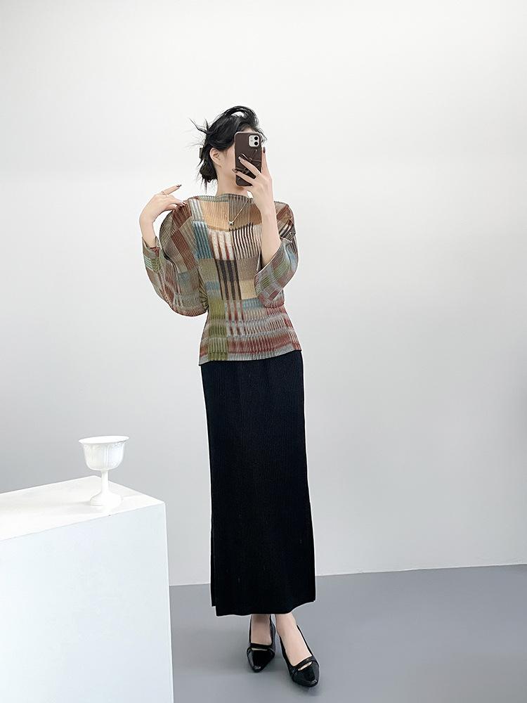 Miyake Pleats Akordeonový Top - Retro Color Block 7-rukávový Ležérní Krycí