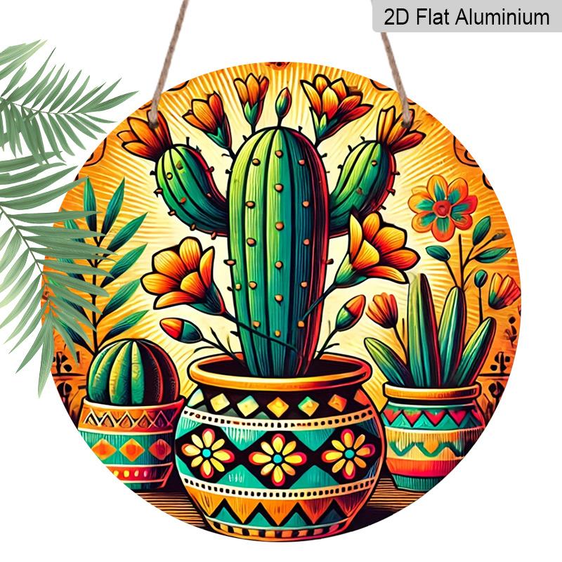 2D Flat, 1pc Round Aluminum Metal Sign - Retro Mexican Cactus Wall Art with Vibrant Colors, Traditional Geometric Patterns & Vintage 7.87x7.87inch