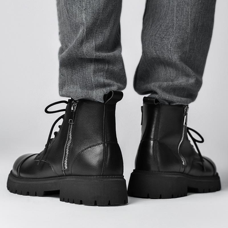 Martin Boots Men's Side Zipper Autumn and Winter Fashion Trendy Men's Cowhide Medium-top Short Boots Thick-soled Tooling Boots High-top Leather Shoes