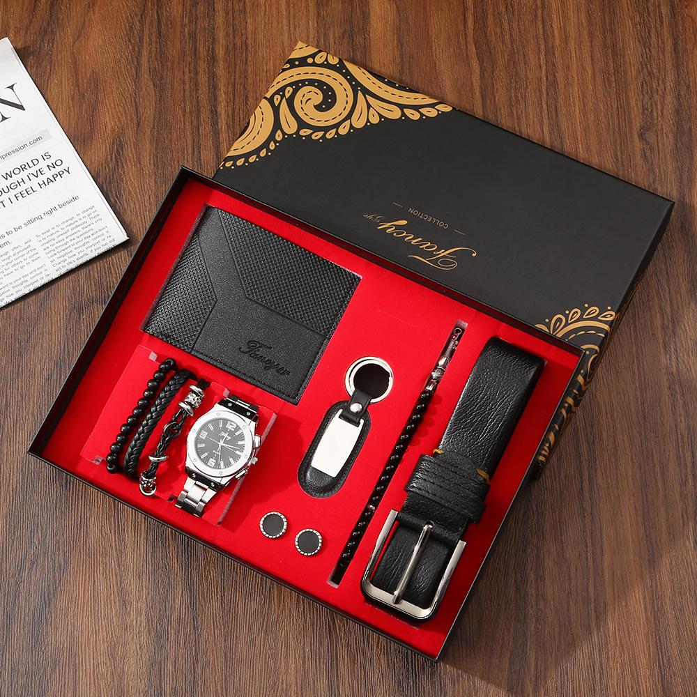 Premium Men's Souvenir Gift Set Custom Logo Leather Wallet Belt Watch Sunglasses 4-Piece Valentine Birthday Luxury Box