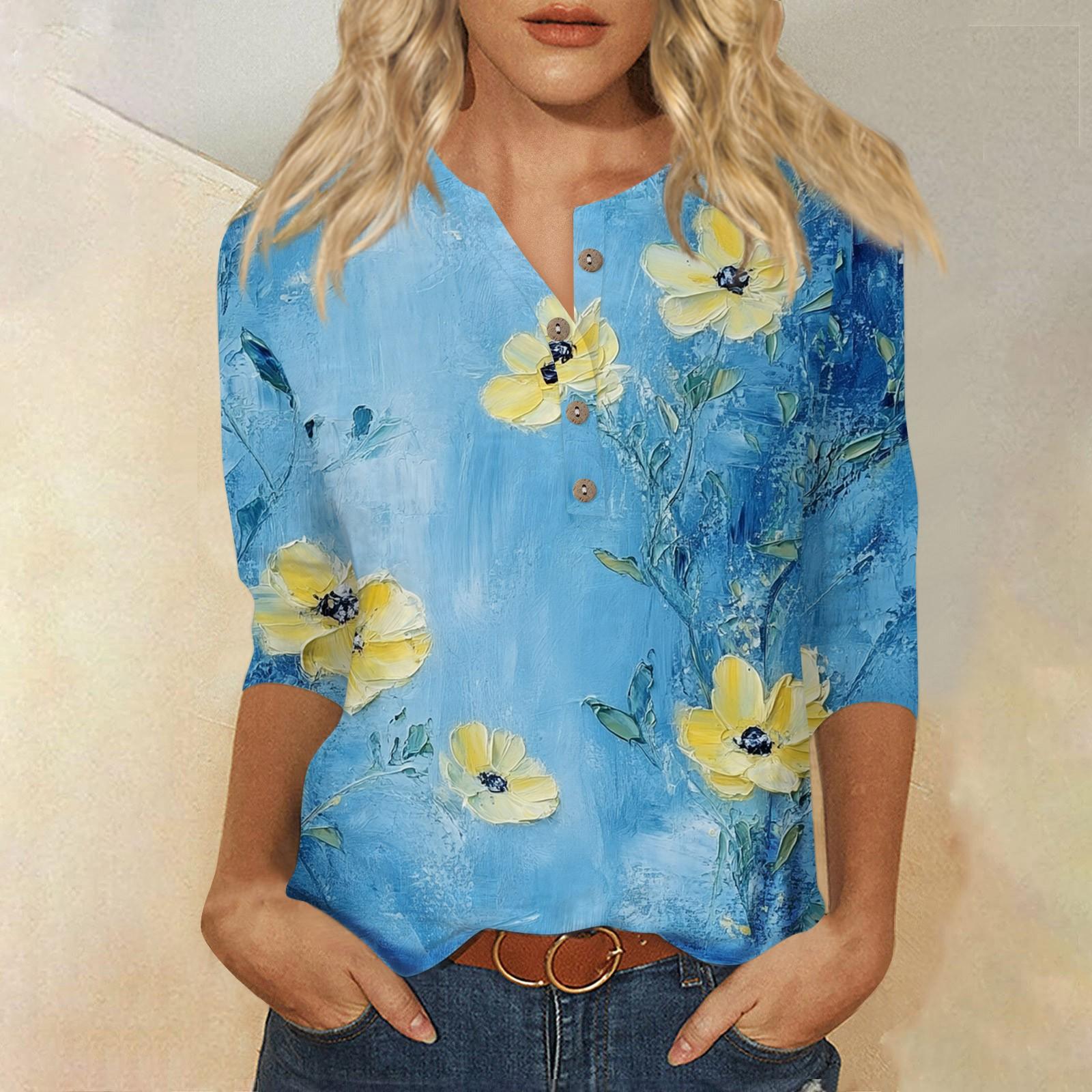 

Жіночий вільний повсякденний топ із квітковим принтом із круглим вирізом і ґудзиками L