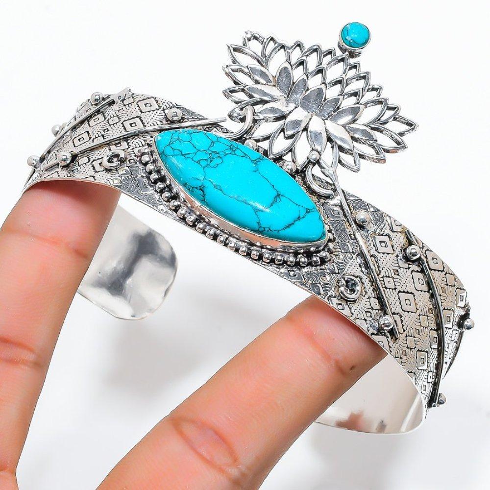 Santa Rosa Turquoise Gemstone 925 Sterling Silver Cuff Bangle Adjustable H9a89