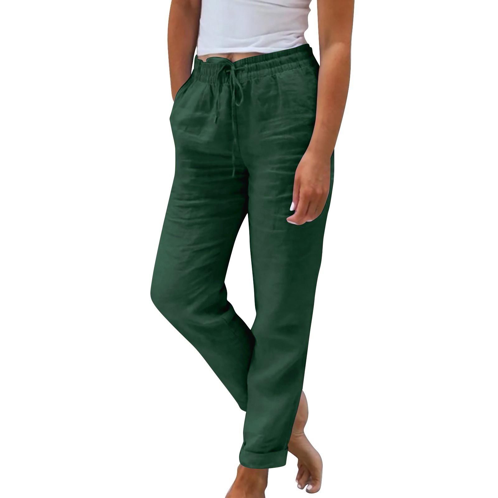 

Женские летние свободные брюки с девятью точками, однотонные хлопковые и льняные широкие брюки с эластичной резинкой на талии XXXXL