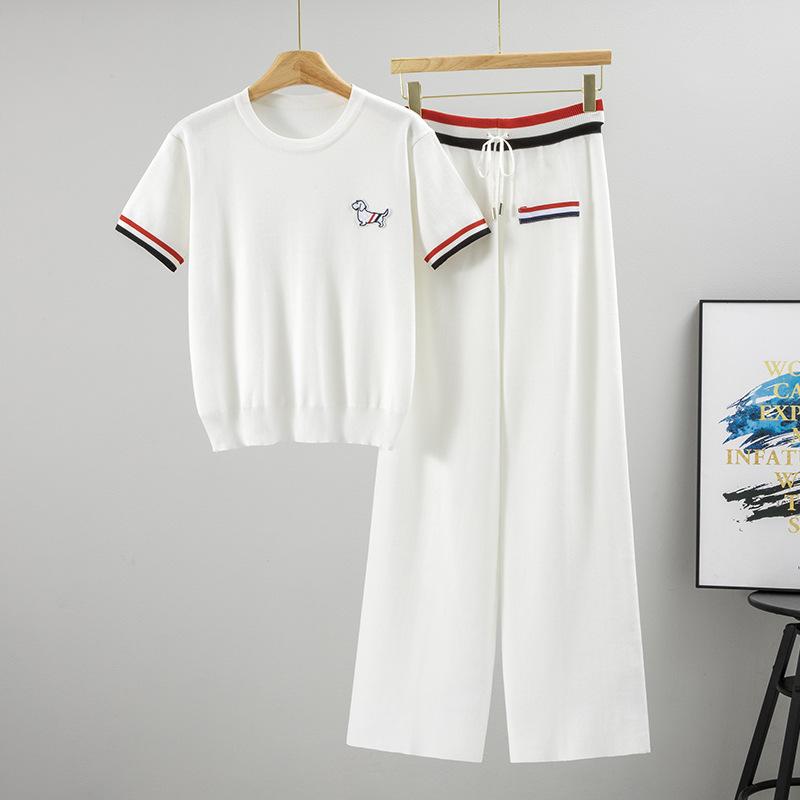 Neuer Sommer Einfacher Rundhals Patchwork Welpe Gestrickt Kurzärmelig Lässig Lange Hose Zweiteiler