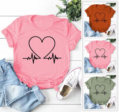 Elektrokardiogram Nadruk Serca Damski T-shirt z Krótkim Rękawem z Okrągłym Dekoltem Luźny Damski T-shirt Damski T-shirt Top Ubrania Camisetas Mujer