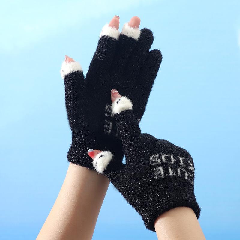 Winter Cartoon Cute Parent Child Gloves Riding Knitted Warm and Cold Baby Leaking Finger Gloves Yarn Thickened Gloves