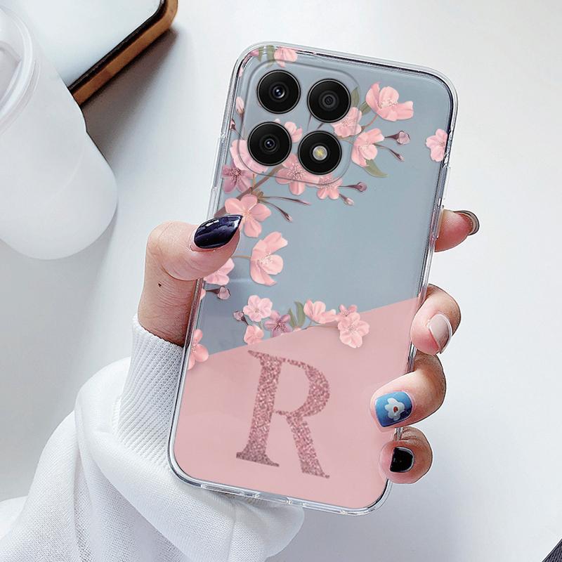 Fashion Pink Flowers Case For Honor X6 X6S 6.5" Back Cover Initial Letter Transparent Soft TPU Fundas For HonorX6 X 6S Coque